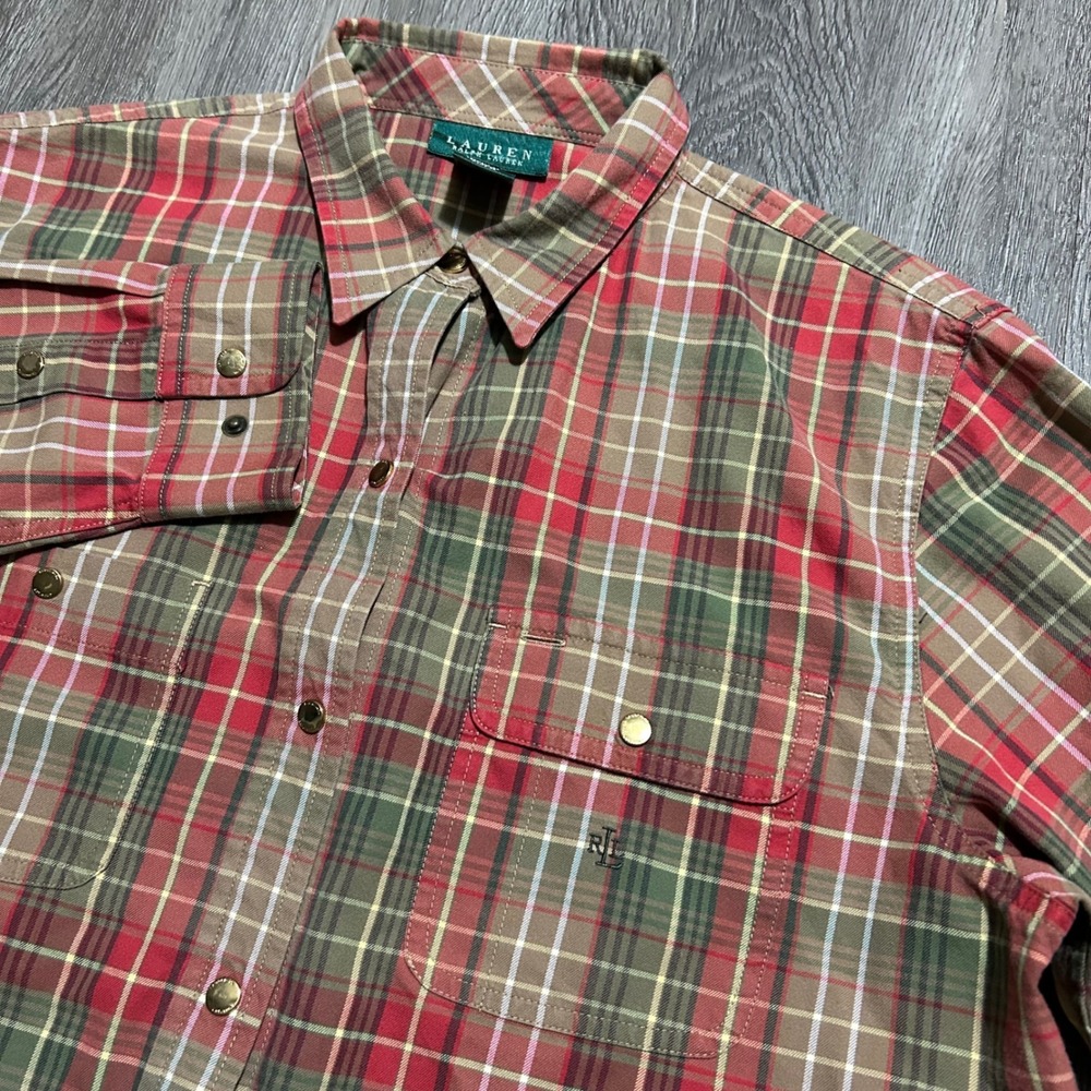 Lauren Ralph Lauren Pearl Snap Shirt Large Western Plaid Pocket Long Sleeve